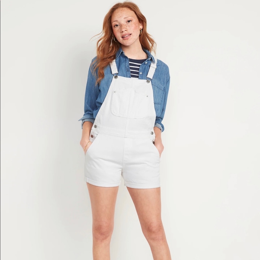 White jean short overalls